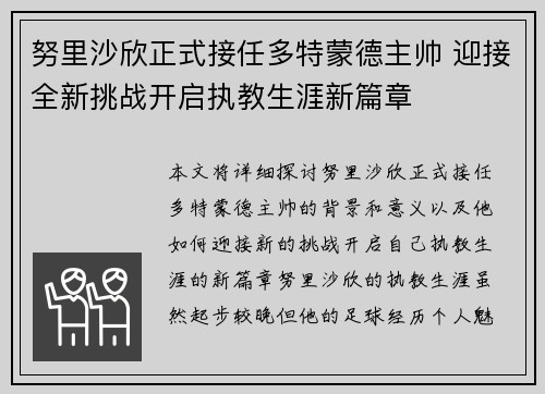 努里沙欣正式接任多特蒙德主帅 迎接全新挑战开启执教生涯新篇章