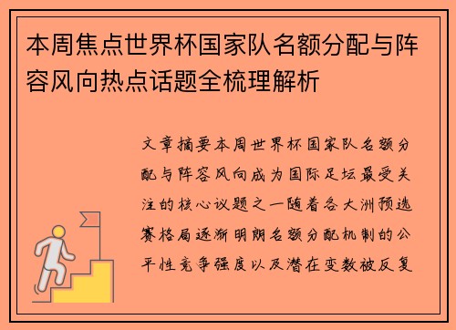 本周焦点世界杯国家队名额分配与阵容风向热点话题全梳理解析